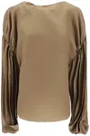 Khaite Quico Balloon-sleeve Oversized Silk Blouse In Brown, Neutro