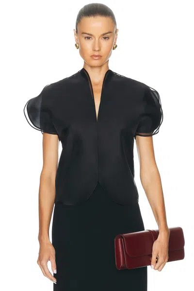 Khaite Pure Silk Blouse With Short Puff Sleeves And V-neck In Black
