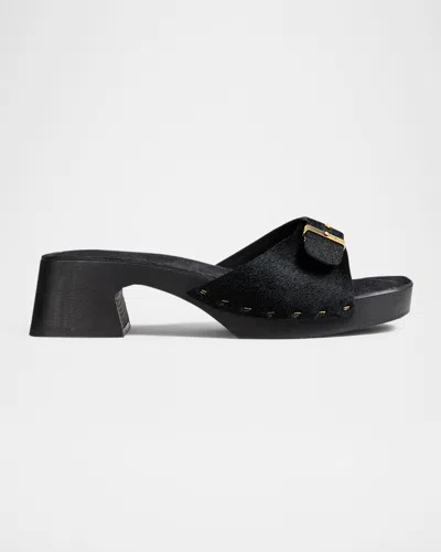 Khaite Britt Pony Hair Buckle Clog Sandals In Black