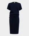 Khaite Callas Draped Short-sleeve Midi Dress In Midnight Navy