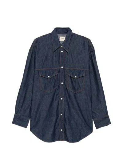 Khaite Point-collar Denim Shirt With Snap Front And Patch Pockets In Blue