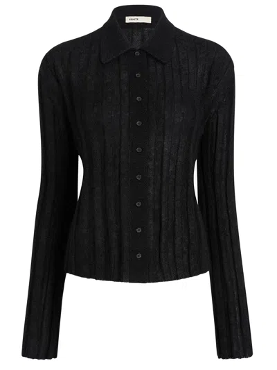 Khaite Classic Mohair-silk Ribbed Knit Collared Cardigan In Nero