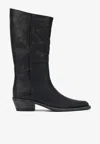 Khaite Mid-calf Black Leather Boots With Pointed Toe And Stacked Heel In Black
