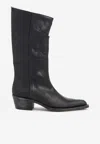 Khaite Mid-calf Black Leather Boots With Pointed Toe And Stacked Heel In Black