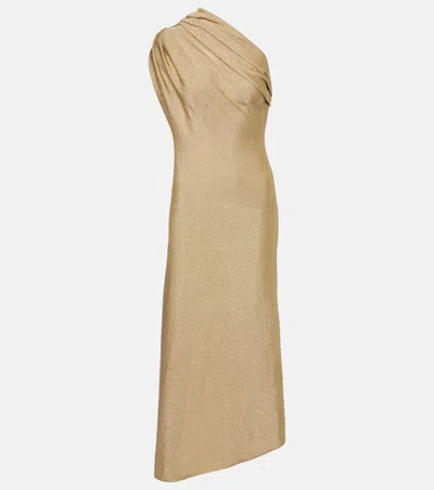 Khaite Coast One-shoulder Lamé Midi Dress In Brown