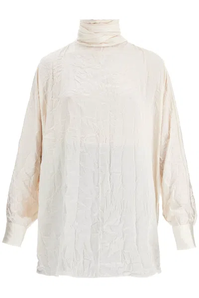 Khaite Crinkled Satin Blouse With Kimono Sleeves In Neutro