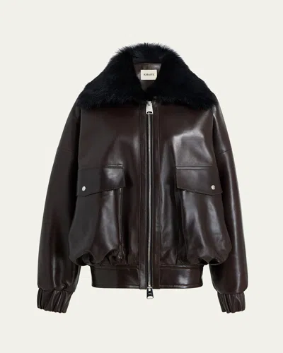 Khaite Daemon Oversized Leather Jacket With Shearling Collar In Brown