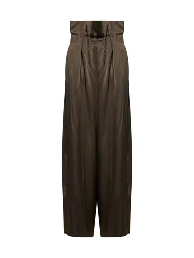Khaite Dark Olive Satin Kira Pleated Waist Trousers In Brown