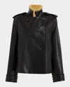 Khaite Dean Leather Double-breasted Jacket With Lamb Shearling Collar In Black
