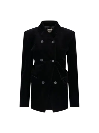 Khaite Double-breasted Black Velvet Rolo Jacket With Draped Waist