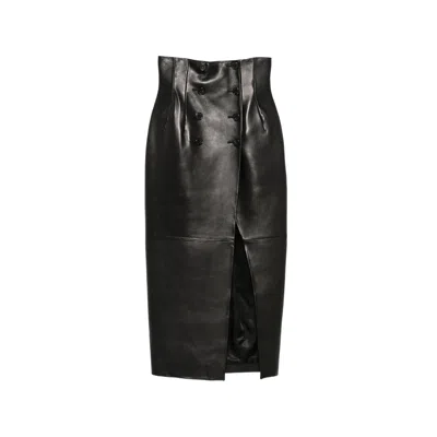 Khaite Double-breasted Leather Midi Skirt In Black