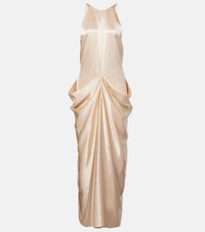 Khaite Draped Gathered Satin Maxi Dress In Neutral