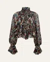 Khaite Durer Floral Silk Balloon-sleeve Peasant Top In Multi