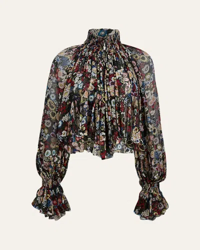 KHAITE DURER FLORAL SILK BALLOON-SLEEVE PEASANT TOP