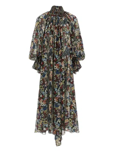 Khaite Edgar Plunging Floral Silk Maxi Peasant Dress In Black