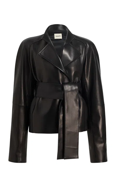 Khaite Edith Belted Plunge Leather Jacket In Black