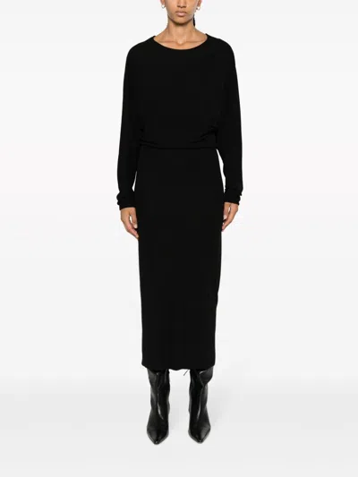 Khaite Elegant Black V-back Draped Maxi Dress