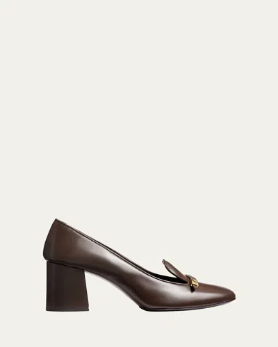 Khaite Elio Leather Buckle Loafer Pumps In Brown