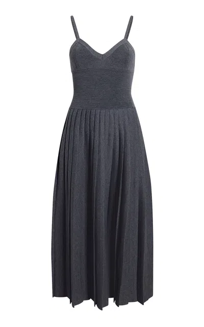 Khaite Elio Pleated Knit Merino Wool Midi Dress In Grey