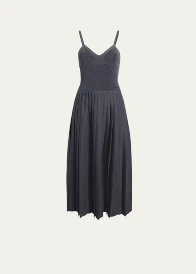 Khaite Elio Pleated Knit Merino Wool Midi Dress In Sterling