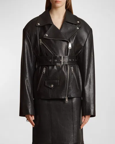 Khaite Fabbie Belted Leather Moto Jacket In 200 - Black