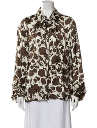 Pre-owned Khaite Floral Print Tie Neck Blouse In Brown