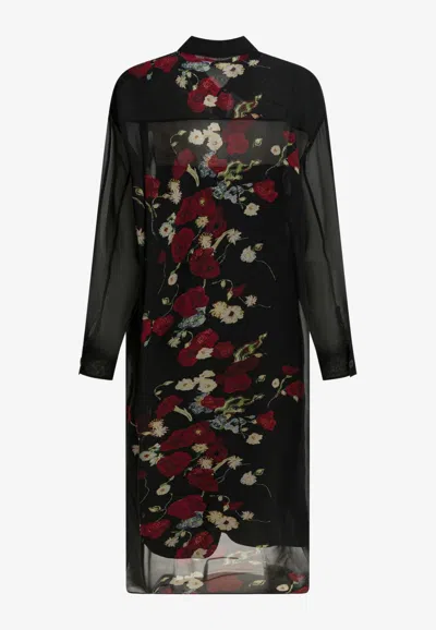 Khaite Floral Sheer Midi Shirt Dress In Black