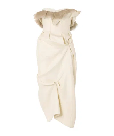 Khaite Salm Frayed Ruffled Wool And Silk-blend Cady Midi Dress In Neutral