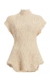 Khaite Gilles Short-sleeve Woven Peplum Top In Tan
