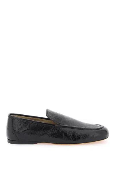 Khaite Glossy Black Leather Loafers With Crinkled Effect For Women