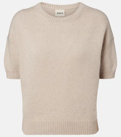Khaite Shimmering Cashmere Short-sleeve Crewneck Sweater In Neutral