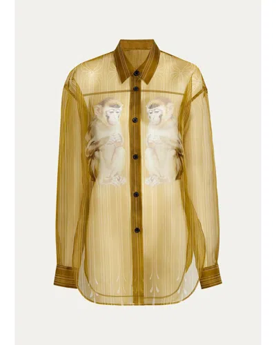 Khaite Goya Monkey Print Silk Organza Shirt In Green
