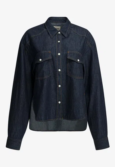 Khaite Neutrals Grenon Cropped Denim Cotton Shirt In Blue