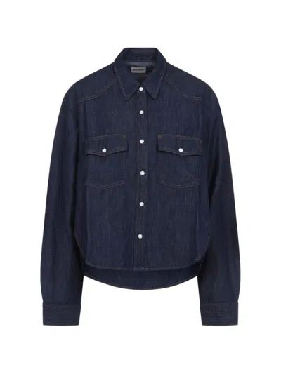 Khaite Patch Pocket Button-down Top With Long Sleeves And Curved Hem In Blue