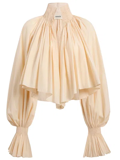 Khaite High Neck Ruffled Long Sleeve Top Size S In Neutral