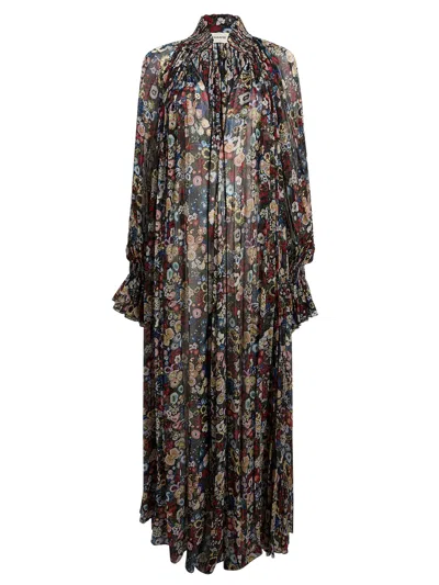 Khaite High Stand Collar Silk Blouse Dress With Billowing Sleeves In Multicolor