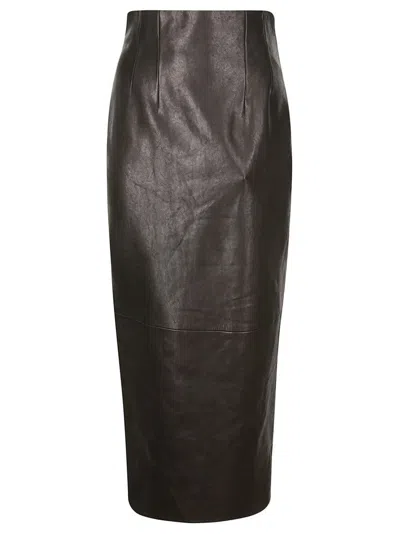 KHAITE HIGH-WAISTED BLACK LAMBSKIN LEATHER MAXI SKIRT