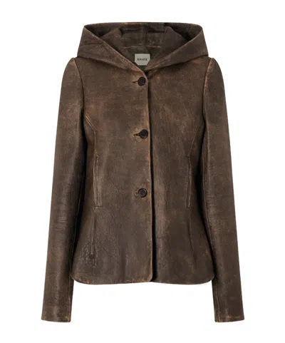 Khaite June Hooded Leather Jacket In Brown