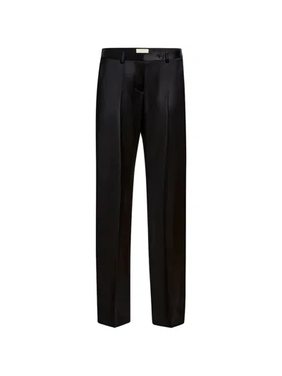 Khaite Hunter Pleated Satin Straight-leg Pants In Blue
