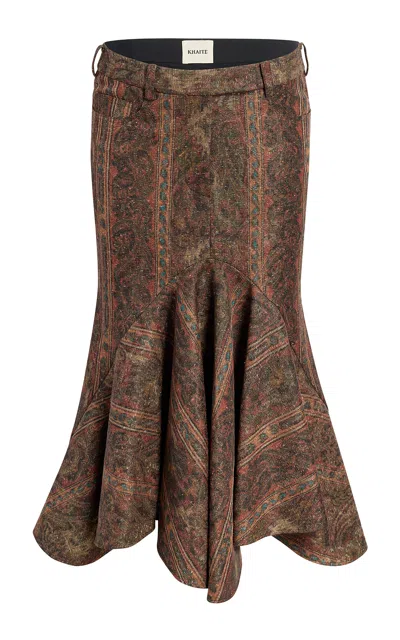 Khaite Inez Paisley Wool-silk Crepe De Chine Midi Skirt In Brown
