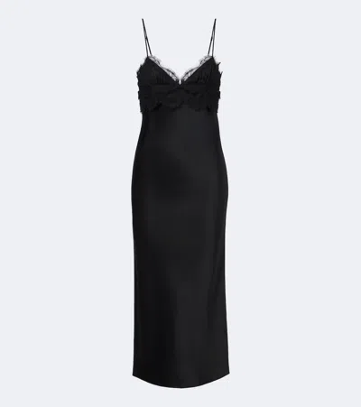 Khaite Joelle Lace-trimmed Ramie-blend Crinkled-satin Midi Dress In Black