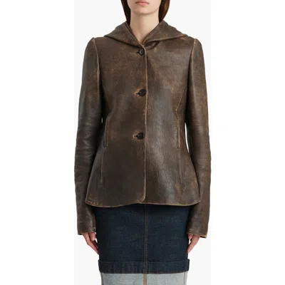 Khaite June Hooded Distressed Leather Jacket In Brown