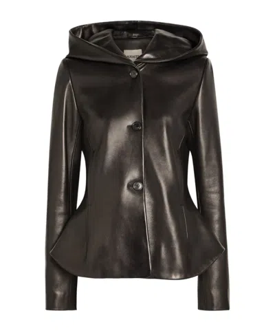 Khaite June Hooded Peplum-hem Leather Jacket In Black