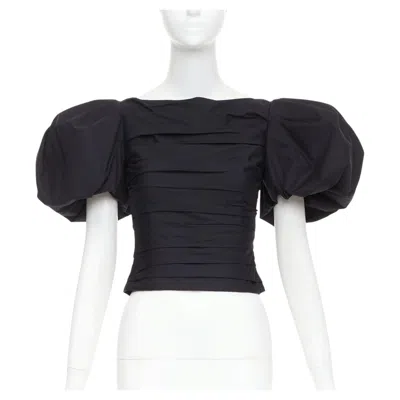 Pre-owned Khaite Kai Black Cotton Poplin Puff Sleeve Pleated Front Bateau Crop Top Us0 Xs