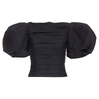 Khaite Kai Poplin Puff Sleeve Bateau Crop Top In Black