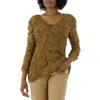 KHAITE KHAITE LADIES KHAKI BROWN V-NECK RUCHED SILK BLOUSE