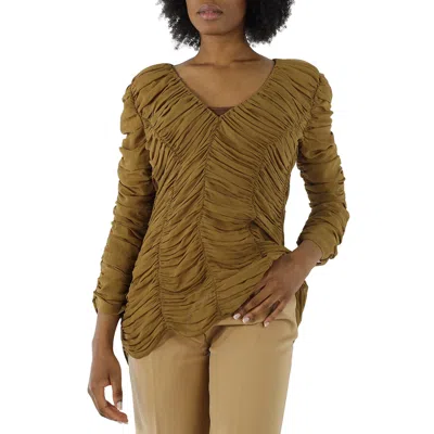 Khaite Ladies Khaki Brown V-neck Ruched Silk Blouse In Brown/beige