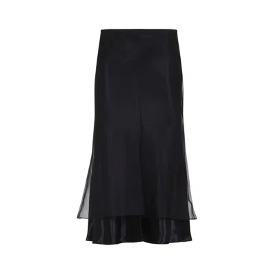 Khaite Layered Sheer And Lustrous Black Skirt In Off-white