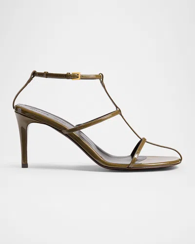 KHAITE LEATHER T-STRAP SANDALS