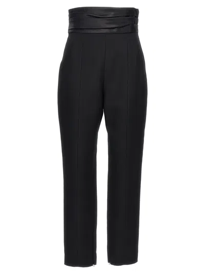 Khaite Lenro Pleated Satin-trimmed Grain De Poudre Straight-leg Pants In Black